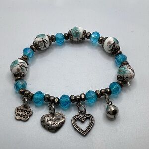 Blue Beaded Floral Charm Bracelet - Handmade Style